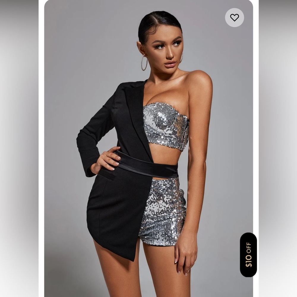One-Shoulder Two-Tone Sequin Blazer Romper - Black & Silver